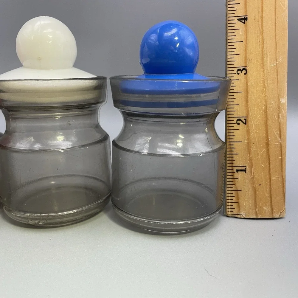 Vtg 4 MCM Storage Jars Desk Organization Red Blue White‎ Ball Lids Retro *Read